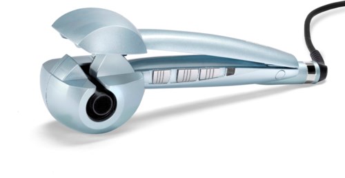 A silver flat iron with a rounded, shiny plate and a cord, used for styling hair.