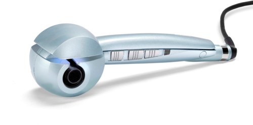 A silver hair curling wand with a round heating barrel and a handle with control buttons.