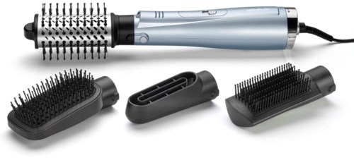 A curling iron with three different attachments for hair styling, including a round brush and combs.