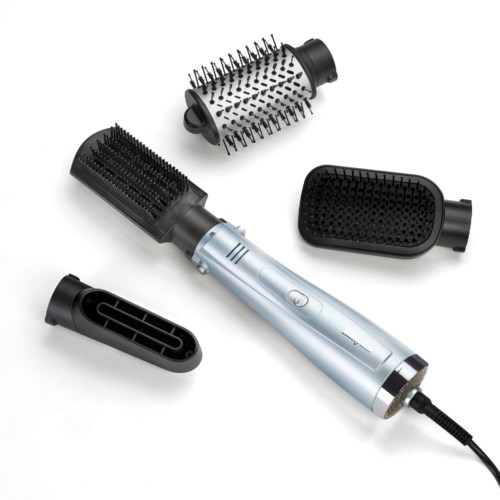 A hair styling tool with multiple attachments including brushes and a black comb, used for curling and drying hair.