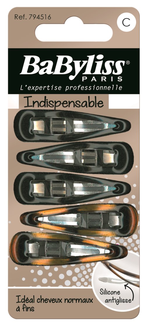 Four hair clips with black and orange patterns, flexible and anti-slip, for thin normal hair. Brand: BaByliss Paris.