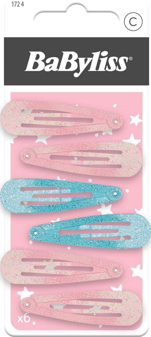 A pack of six pink and blue glittery hair clips with star patterns, made by BaByliss.