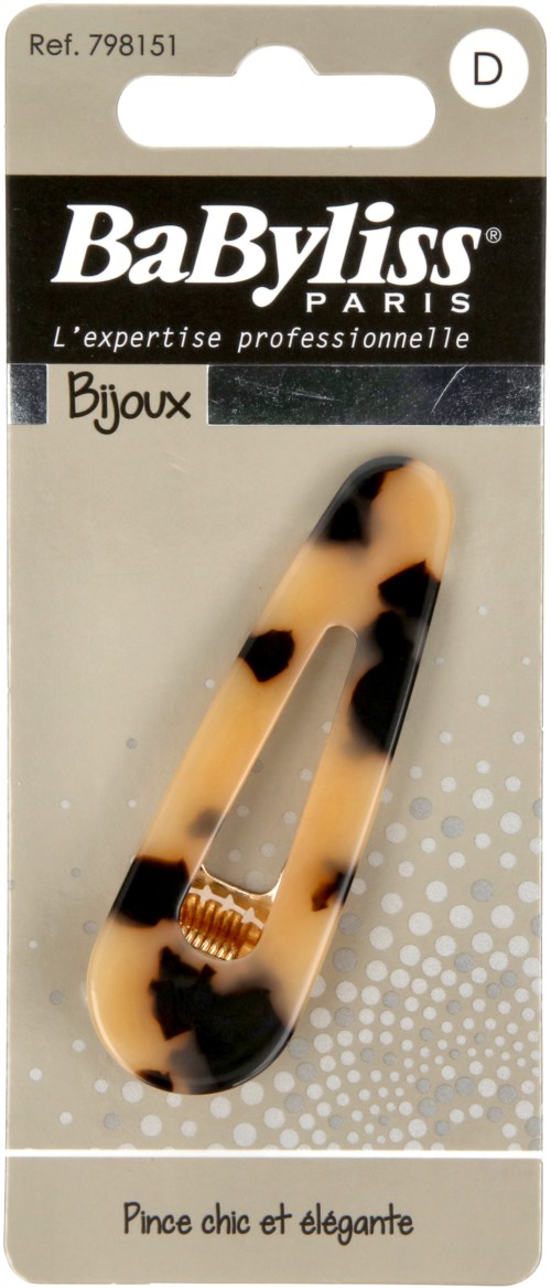 Ein Haarclip mit Leopardenmuster in Beige und Schwarz auf Verpackung, von BaByliss Paris, für stilvolle und elegante Haarschmuck.