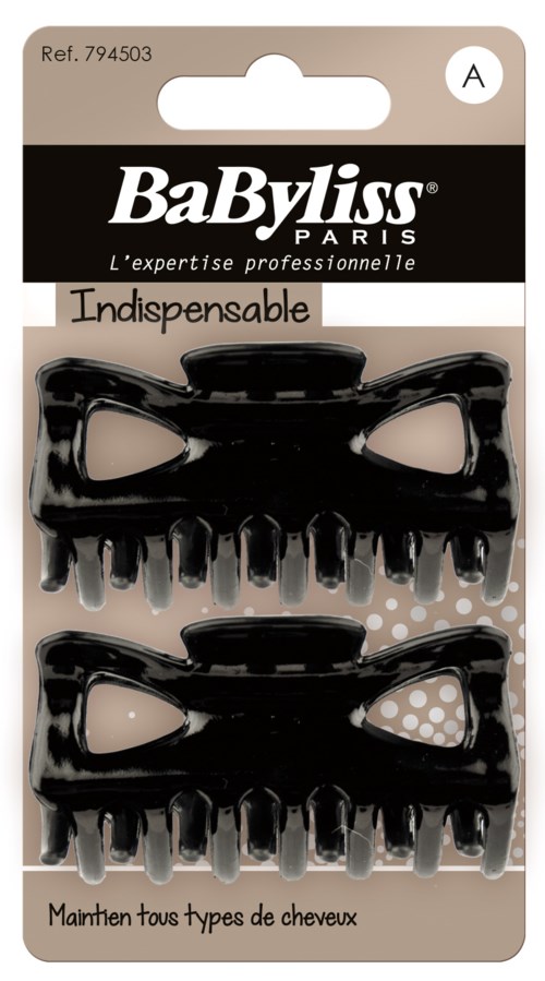Two black hair clips with wide, open design and small teeth inside. Packaged in a card for hair styling.