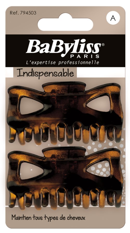 Two tortoiseshell hair clips on a package labeled BaByliss, designed to hold various types of hair.