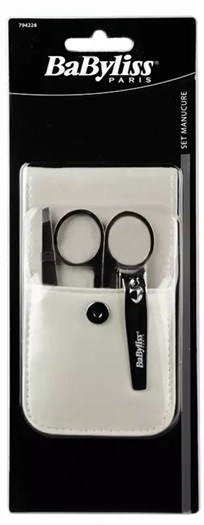 Ein Maniküreschere-Set in Schwarz, umfasst kleine Scheren und eine Nagelfeile, in weißem Lederetui, in schwarzer Verpackung.