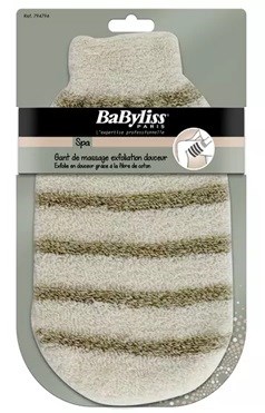 En babybadbørste med myke børstehår i hvitt og beige, i plastemballasje, merket "BabyLiss" for skånsom massasje.