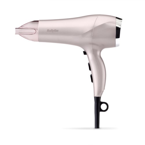 A silver hair dryer with a black cord and handle, designed for drying hair.