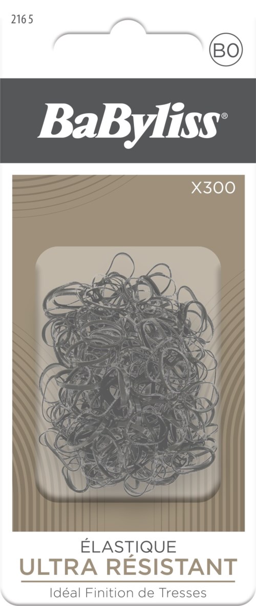 A package of black elastic hair bands called BabyLiss, labeled as ultra resistant, for hair styling.