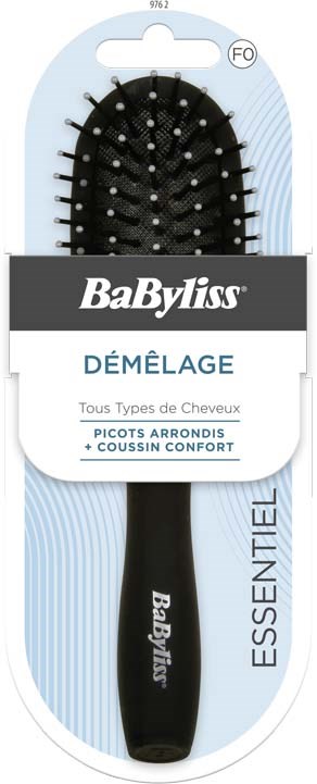 En svart hårborste med handtag, märkt BaByliss, för alla hårtyper med runda tips, bekvämt dämpning och nödvändig.