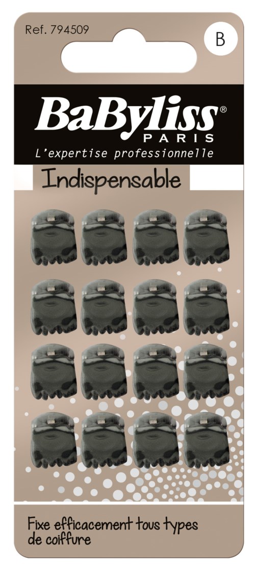 A package of small black hair clips, arranged in three rows, with branding and description in French on the packaging.