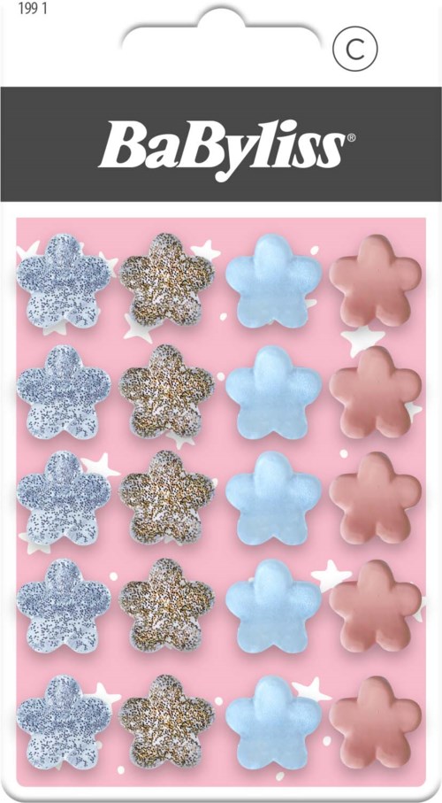 Set of glittery and matte flower-shaped decorative items in blue, silver, pink, and gold colors.