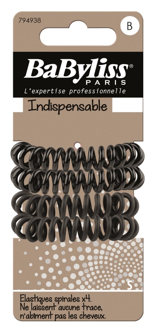Small black spiral hair ties in clear plastic packaging, labeled 'BaByliss Paris,' essential for hair styling.