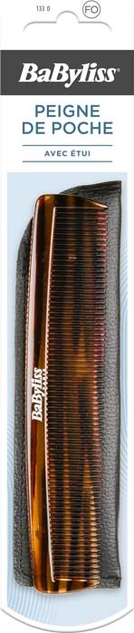 A brown hair comb with fine teeth in packaging labeled BaByliss, pocket-sized, with decorative packaging.