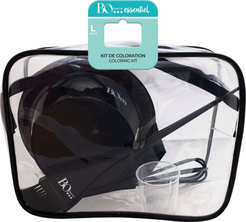 A black coloring kit with brushes, a cup, and a carrying case, labeled 'Kit de Coloracion' in a transparent bag.