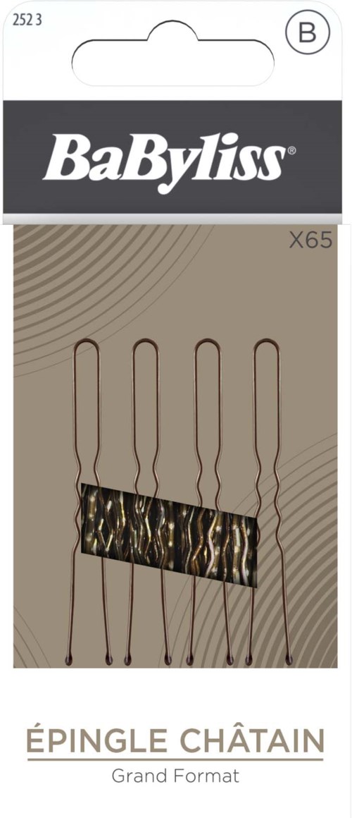 A package of sewing pins with a black and gold patterned strip, labeled "BaByliss" and "ÉPINGLE CHÂTAIN."
