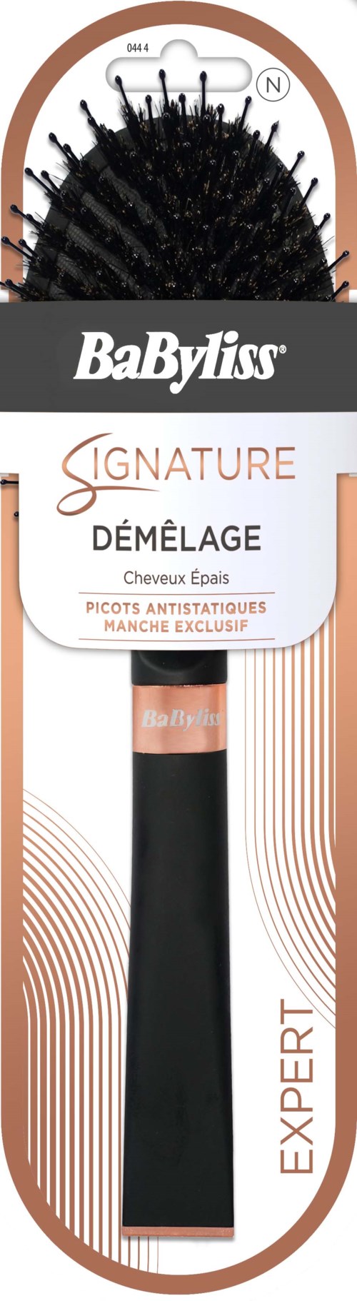 A hairbrush with black bristles and a handle, in packaging labeled BaByliss Signature Démêlage Expert.