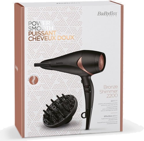 Pudełko opakowania suszarki do włosów, czarne i brązowe, z nakładką dyfuzora, nazwa BaByliss Bronze Shimmer 2200.