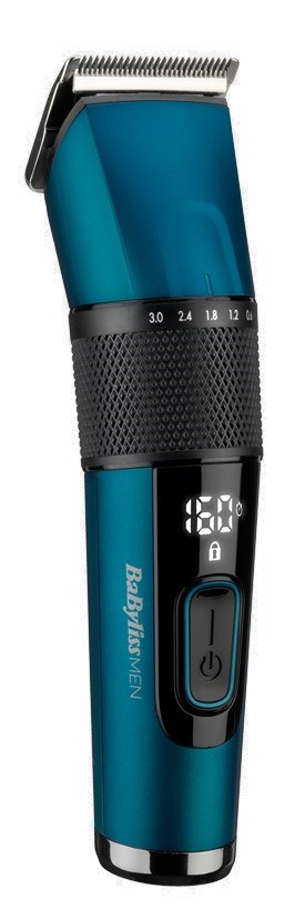A blue and black hair trimmer with digital display and buttons for control.