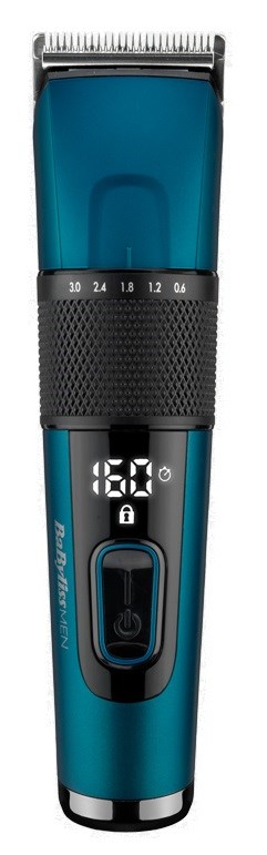A blue electric hair clipper with a digital display showing speed and a locking icon.