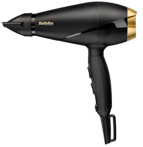 Black hair dryer with gold accents and a handle, brand name 'BaByliss' on the side.