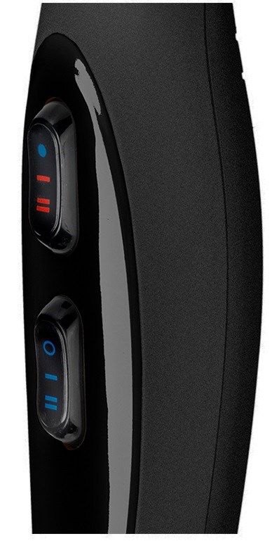 A black device with two blue and red buttons, possibly a remote control or electronic gadget.