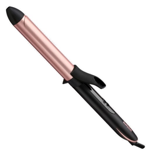 A curling iron with a rose gold barrel and black handle, used for styling hair.