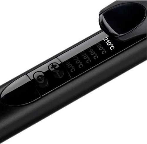 A sleek black digital thermometer displays temperatures from 60°C to 210°C.