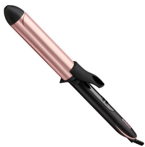A rose gold curling iron with a black handle and a clamp for styling hair.
