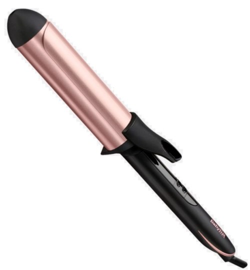 A curling iron with a rose gold barrel and black handle for styling hair.