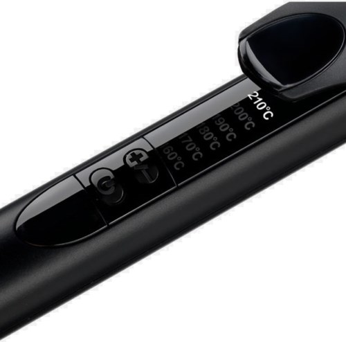A black digital thermometer with a display showing temperature settings from 210°C to 60°C and buttons for control.