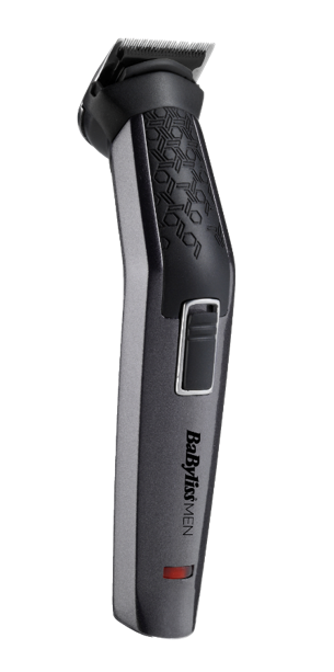 Electric hair trimmer with a black and silver design and a red indicator light.