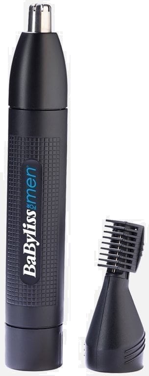 A black electric nose hair trimmer with a small attachment for trimming nose hair.