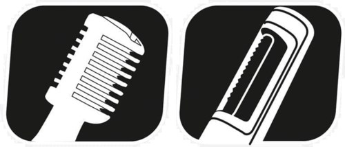 A comb and a razor blade icon, both in black and white, inside rounded square borders.
