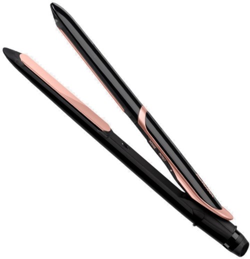 Zwart en roze stijltang met een strak ontwerp en dubbele verwarmingsplaten.