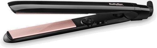 A black and pink hair straightener with a digital control knob and a brand logo on top.