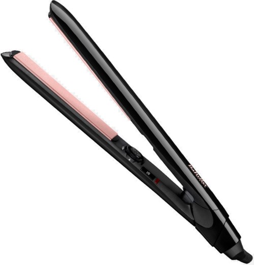 A black flat iron with pink plates, used for curling or straightening hair.