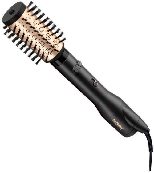A black heated hairbrush with a control button and heat indicator, designed to style hair.