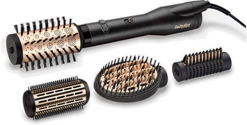 A black heated hairbrush with multiple interchangeable brush heads for styling hair.