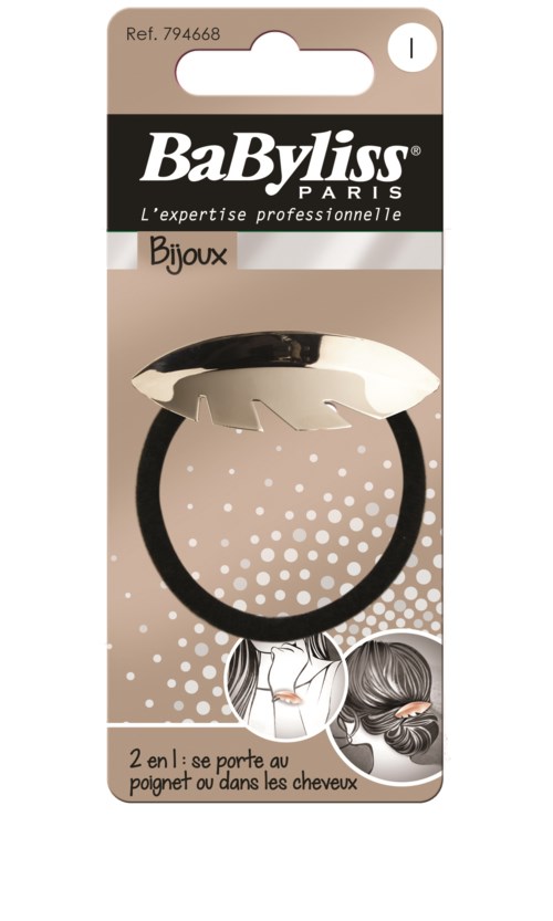 A hair accessory meant for wrist or hair use, with instructions for wearing on wrist or in hair, in packaging.