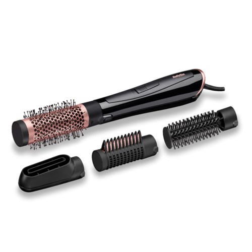 A hair styling tool with multiple removable attachments for curling, drying, and styling hair.