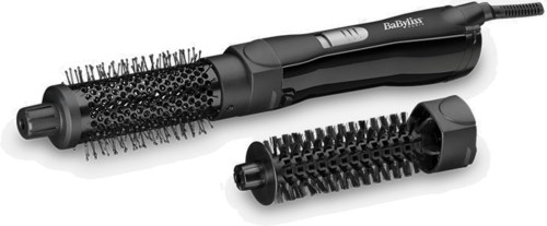 Elektrische Haarbürste mit zwei abnehmbaren runden Aufsätzen für das Styling.