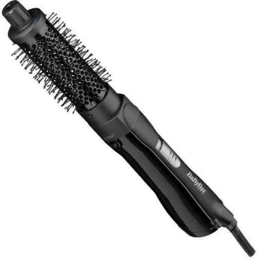 Eine schwarze Haarstylingbürste mit einem zylindrischen Gehäuse und verschiedenen kleinen Löchern, verbunden mit einem Netzkabel.