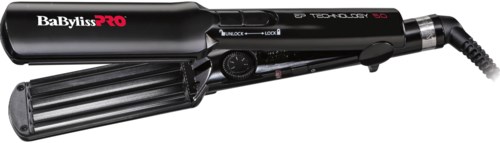 Ett svart värmande stylingverktyg för hår med lång tratt och kontrollknappar, märkt BaByliss PRO.