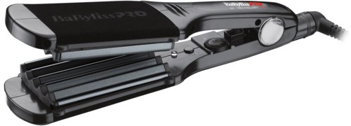 A black hair straightener with a digital display, buttons, and a power cord for styling hair.