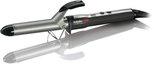 A curling iron with a silver barrel, black handle, and control buttons, used for curling hair.