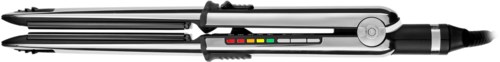 A robotic hair straightener with temperature control, digital display, and sleek silver design.