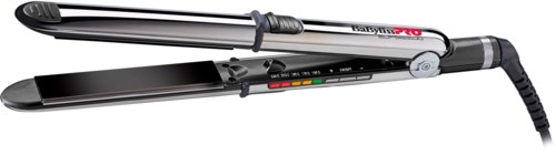 A flat iron with a digital display, sliding control, and heat settings, used for styling hair.