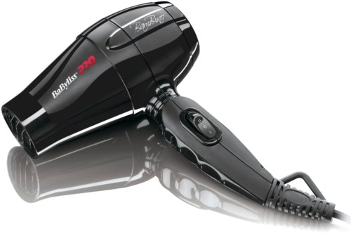 A black Babyliss PRO hair dryer with a handle and control buttons.