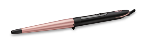 A black and pink curling iron for styling hair, with a handle and a barrel.